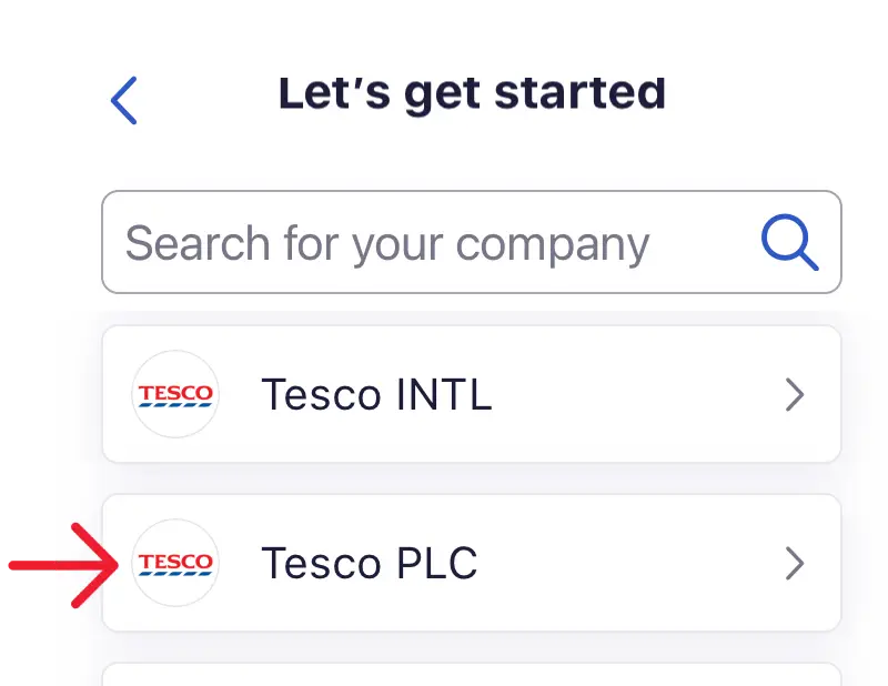 App login screen showing Tesco PLC selection